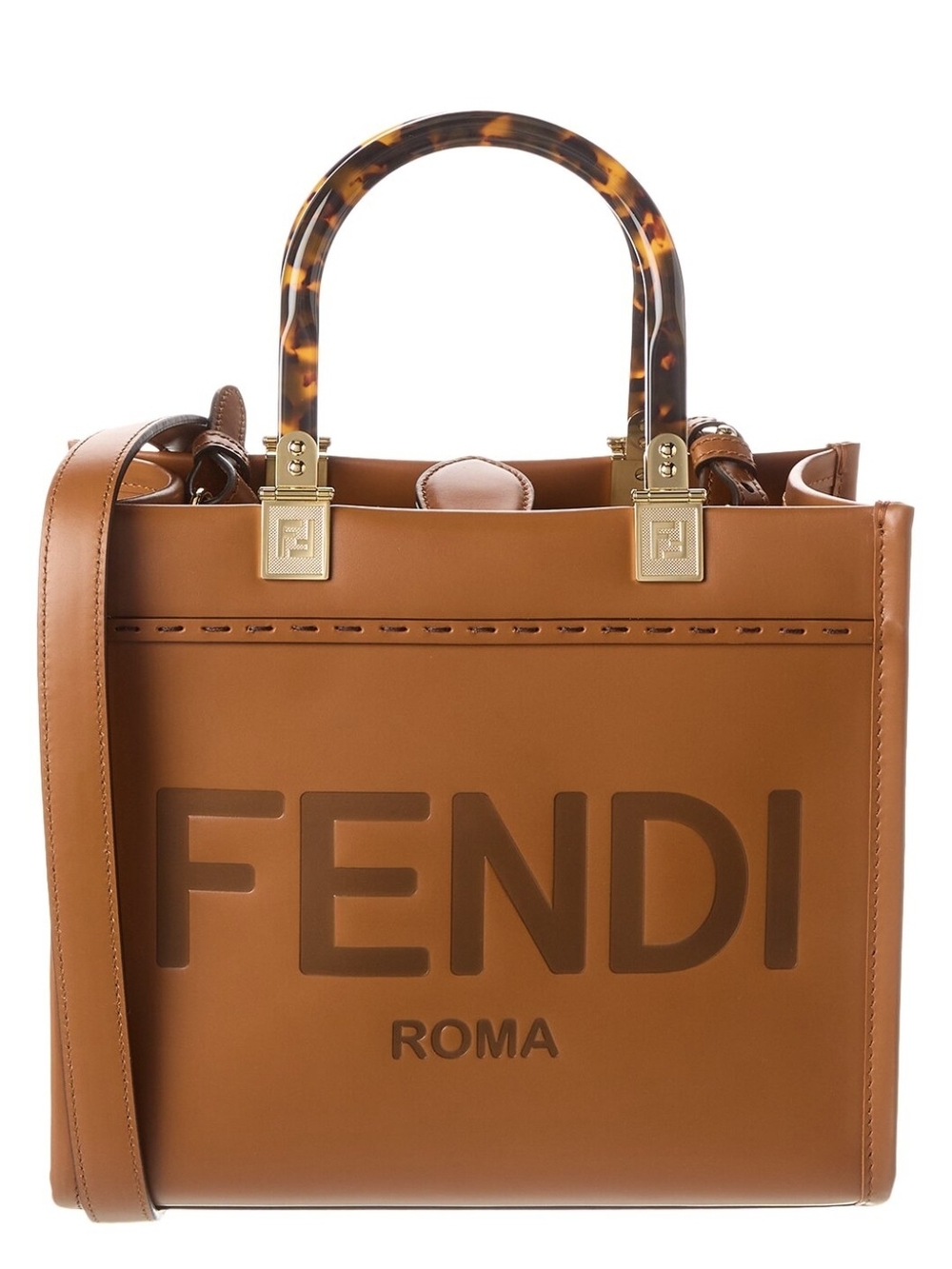 Fendi Leather Sunshine Small Shopper Tote with Tortoiseshell Handles